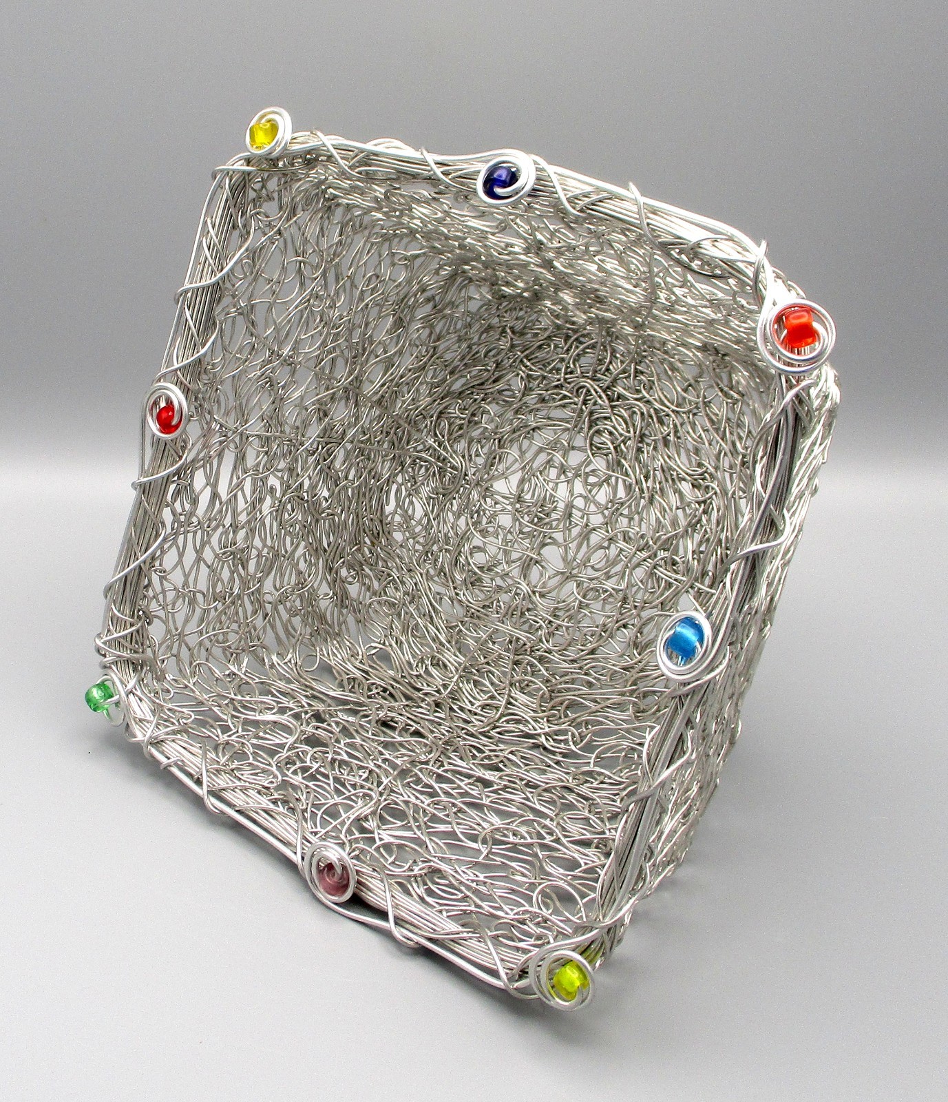 Decorative 8″ Square x 4″ High Wire Basket with Colored Beads