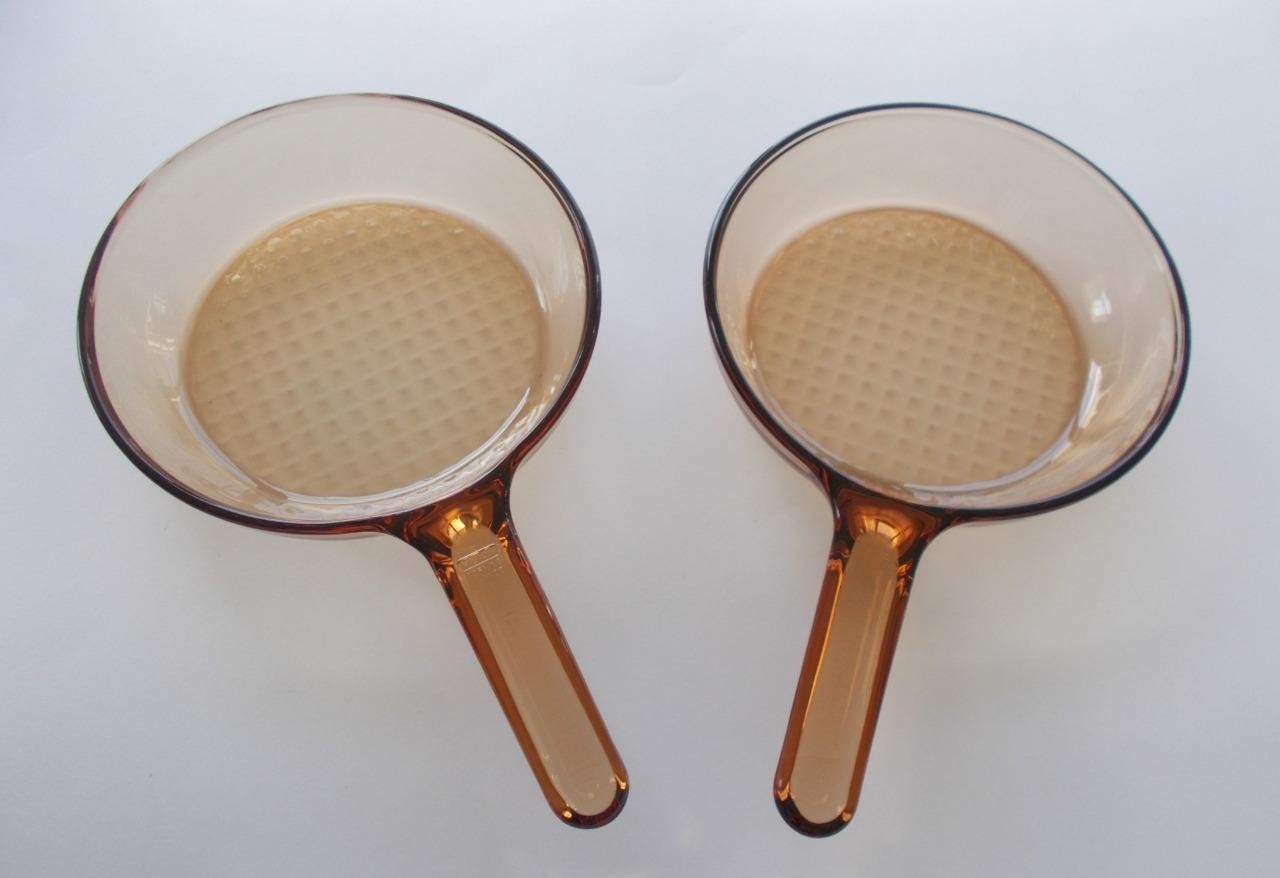 2 Corning Amber Vision 7″ Skillet Saute Fry Pan Waffle Bottom France