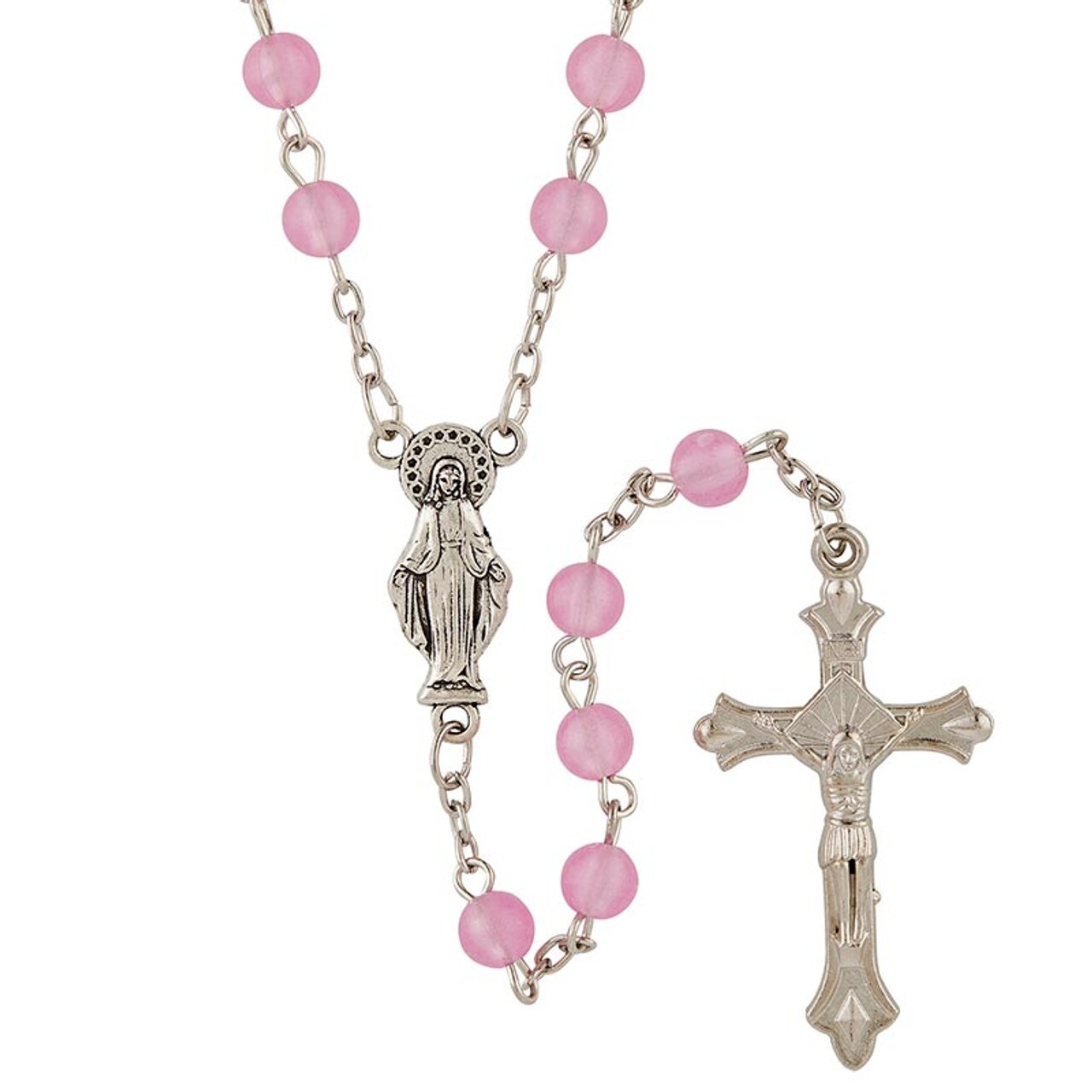 Luminous Rosary – Glow in Dark Pink Beads – 3-D Our Lady of Grace Center 20″