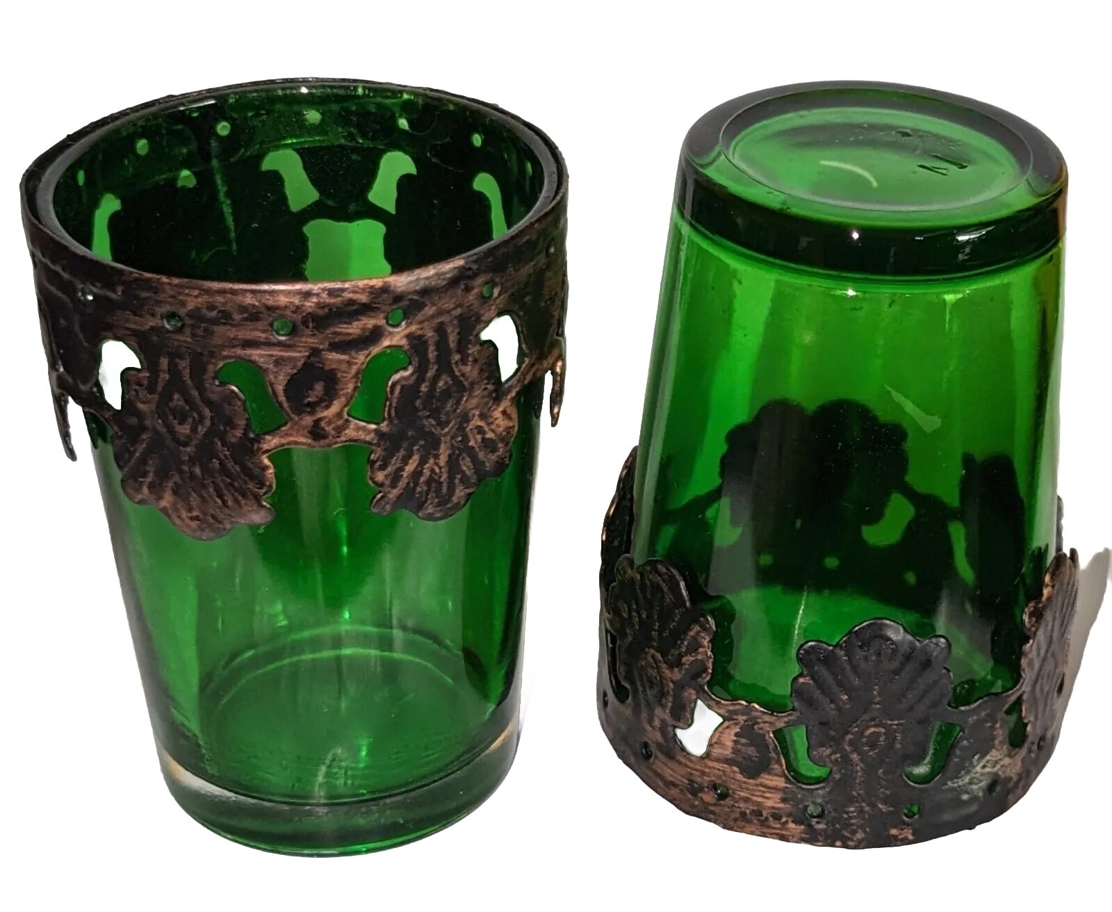 Vtg Pair Votive Cups Candle Holders Emerald Green Gothic Glass and Metal 3″
