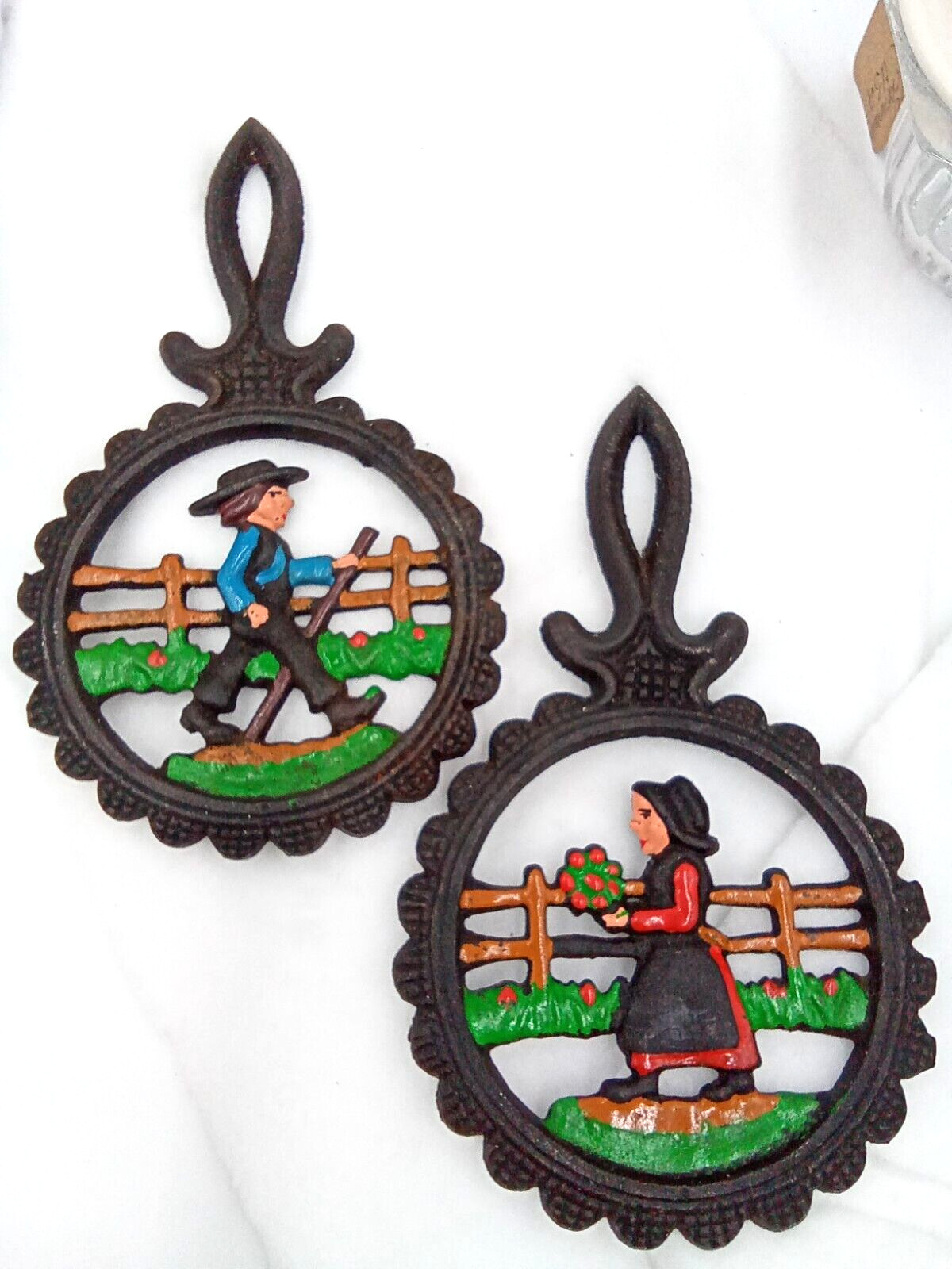 Amish Couple Cast Iron Trivet Hanging Metal Footed Black Floral Taiwan Set of 2