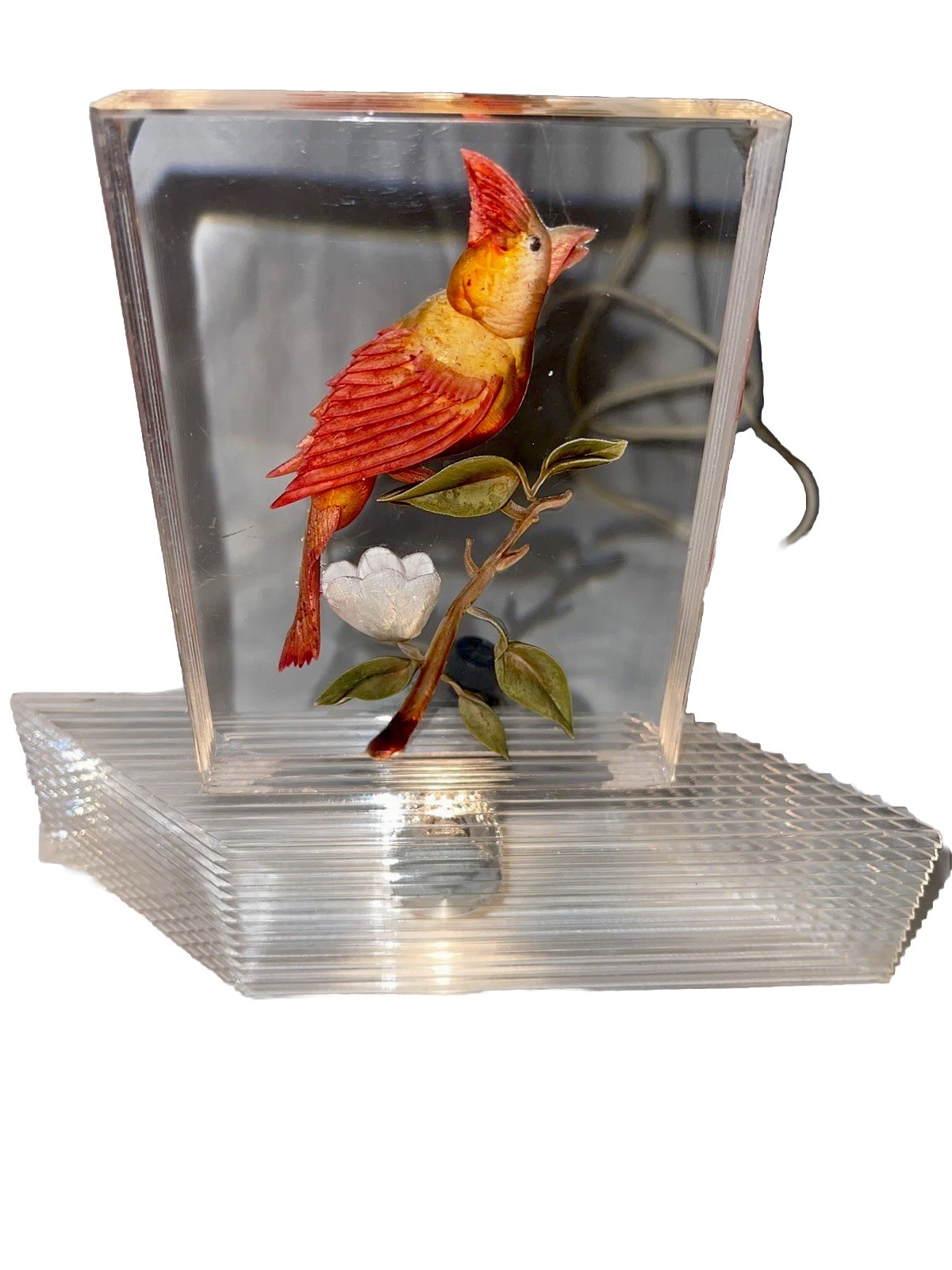 Rare Art Deco Bircraft Hollywood Regency Lucite Panel Lamp Light Bird & Flower