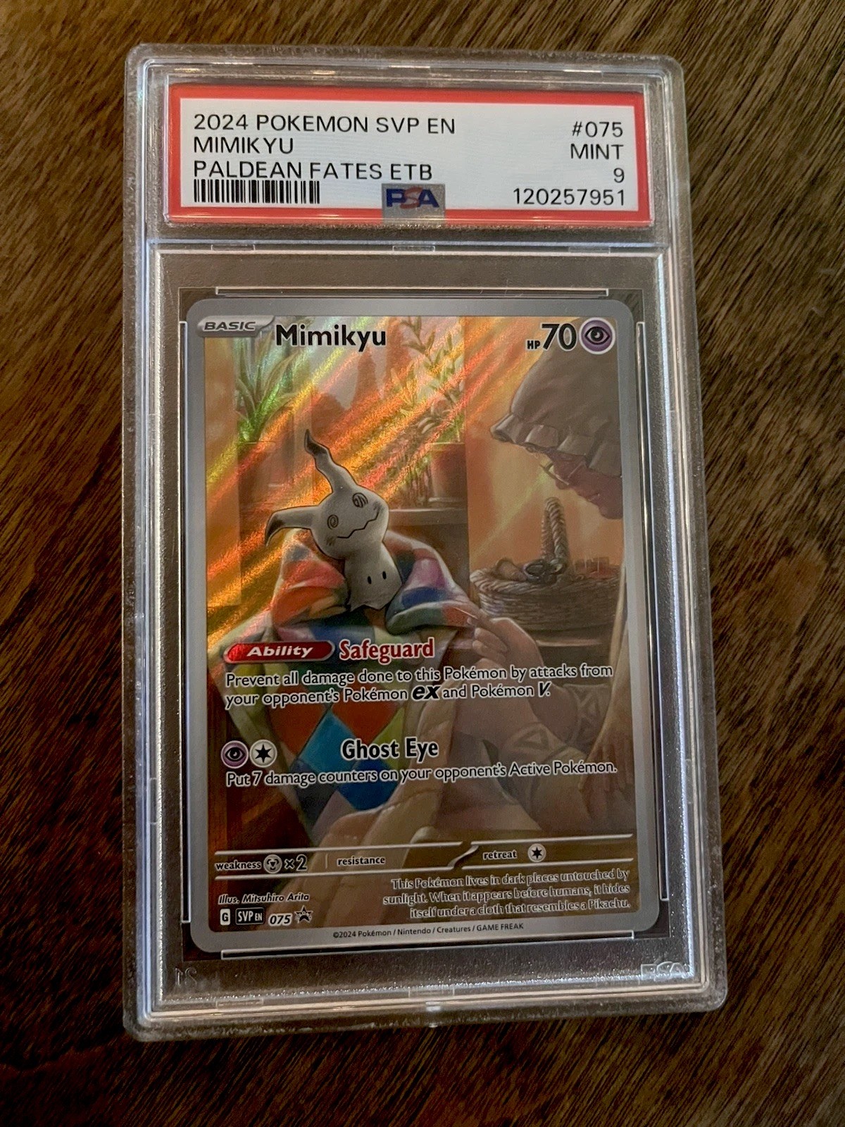 PSA Mint 9 Mimikyu Pokémon (2024) Black Star Promos 075 Paldean Fates ETB