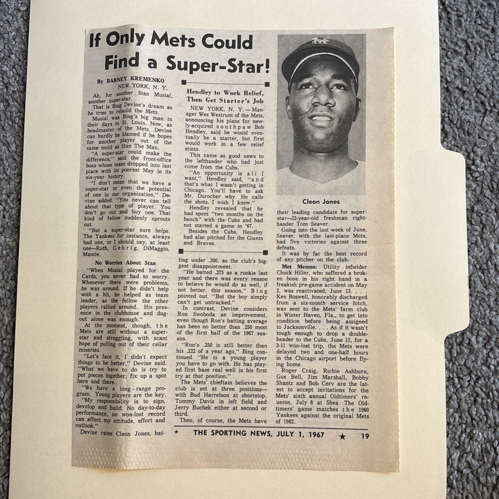 Cleon Jones New York Mets 1967 Sporting News Baseball 7X9 Panel