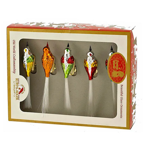 KURT ADLER BOX SET OF 5 EARLY YEARS 4.5″ GLASS CLIP-ON BIRD XMAS ORNAMENTS C1929
