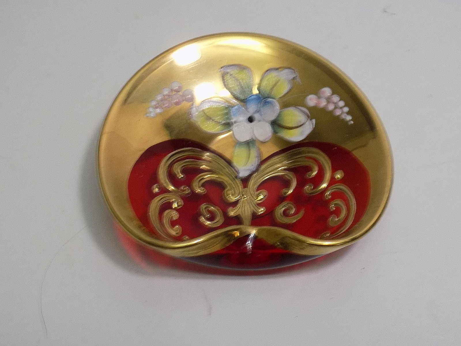 2 MURANO Ruby / Cobalt Glass Hand Painted Enameled Flowers Gilded Trinket Dishes