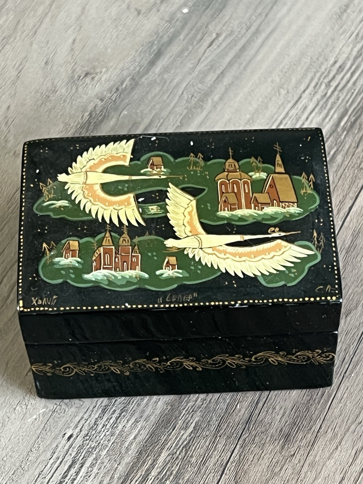 Russian North Lacquer Box Hand Painted Flying Swans Rectangle Kholuy