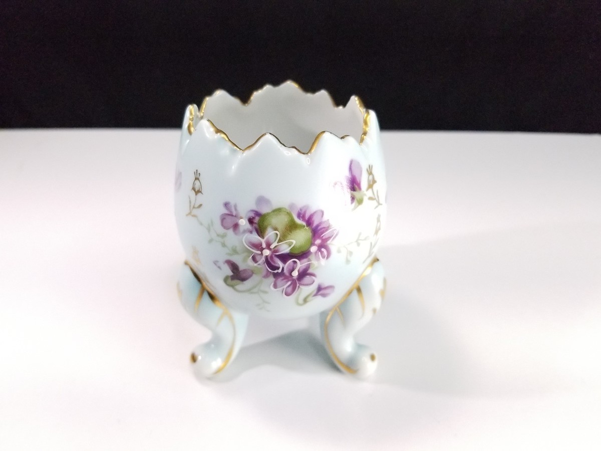 Vintage 3 Footed Cracked Egg 4” Vase Trinket Dish Hand Painted Floral