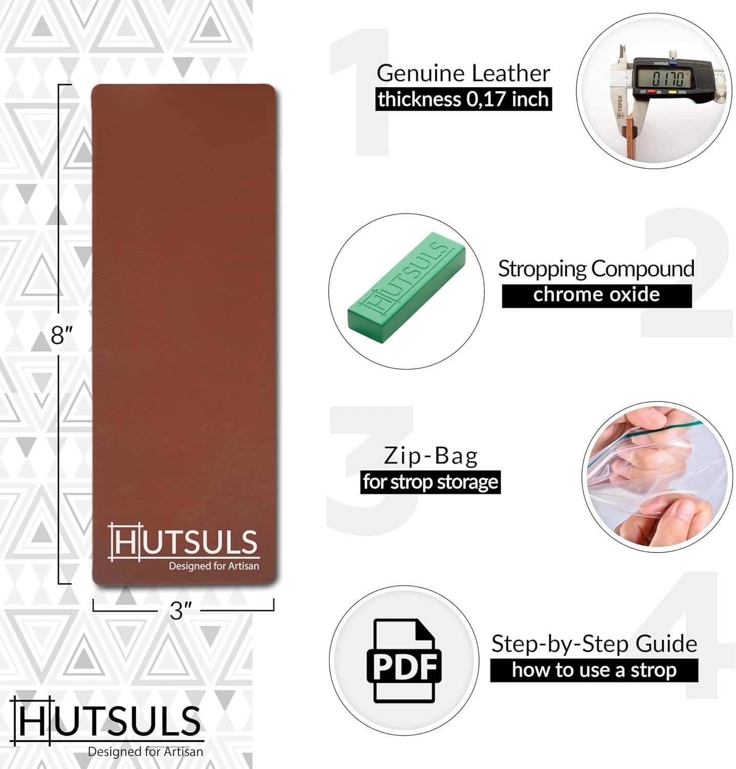 Brown Leather Strop Kit with Green Compound Vegetable-Tanned Two-Sided Sharpener