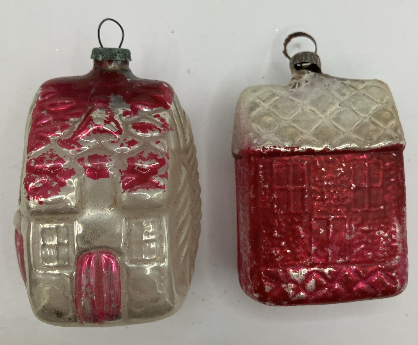 OLD Lot of 2 German Glass Square House Cottage Ornaments Feather Tree