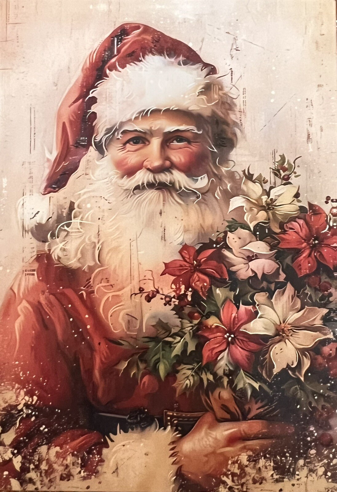 Christmas Postcard Santa Holding Poinsettias Ephemera Card Tag Journal #4403