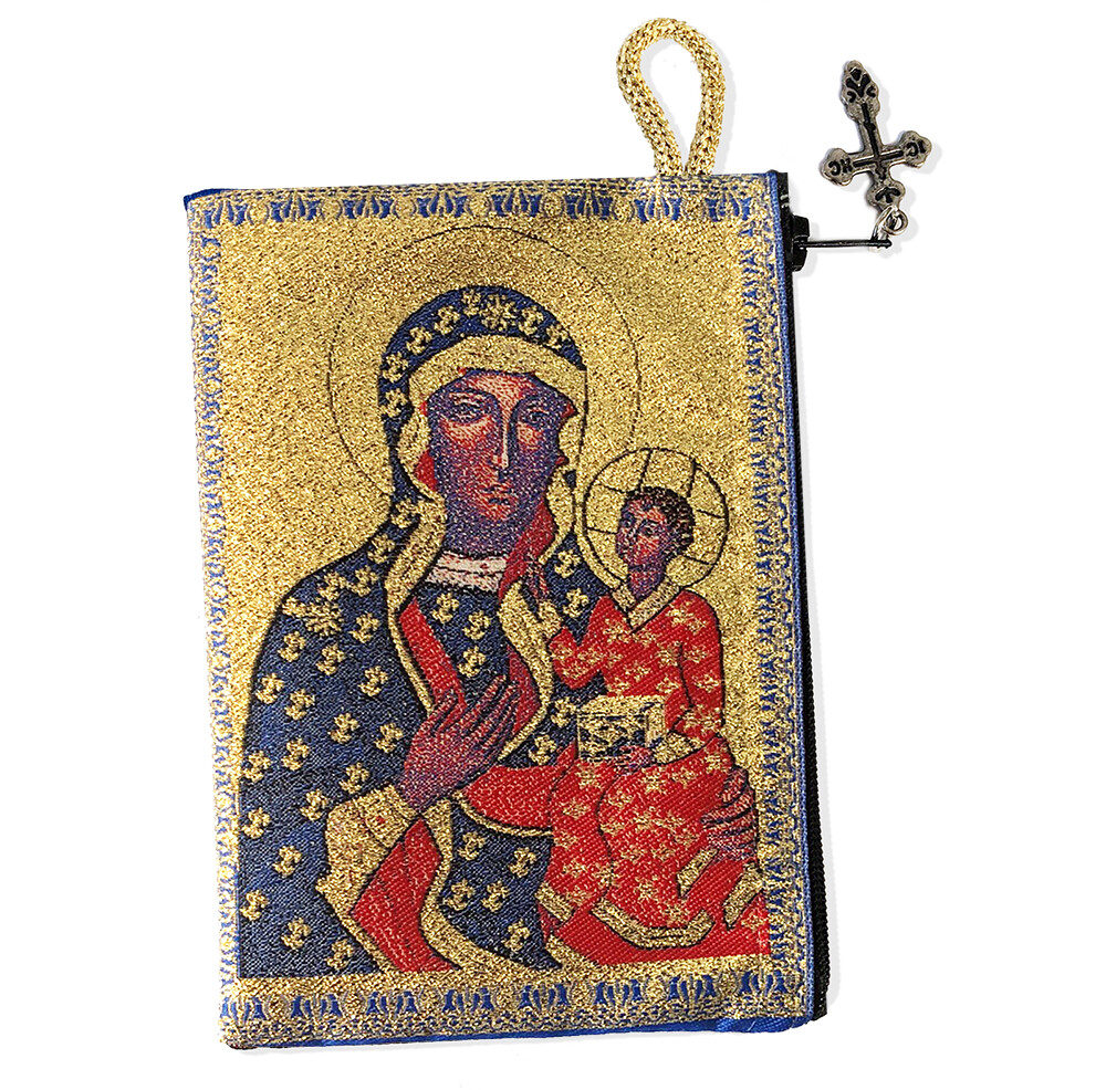 Czestochowa Icon Tapestry Keepsake Rosary Prayer Bead Pouch – 2 Sided W Cross