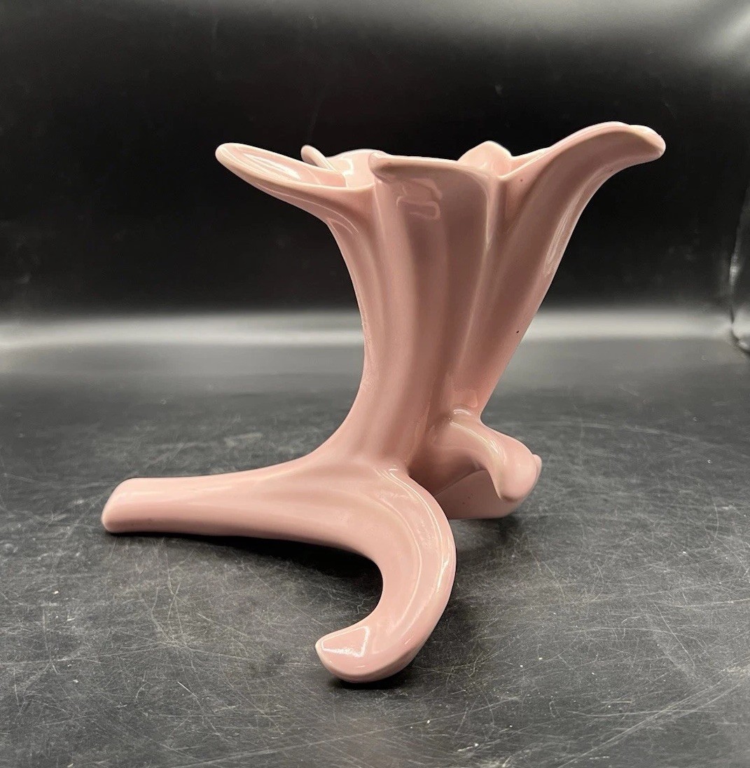 Ceramic Vase Pink Flower Iris Cornucopia Vintage Mid Century