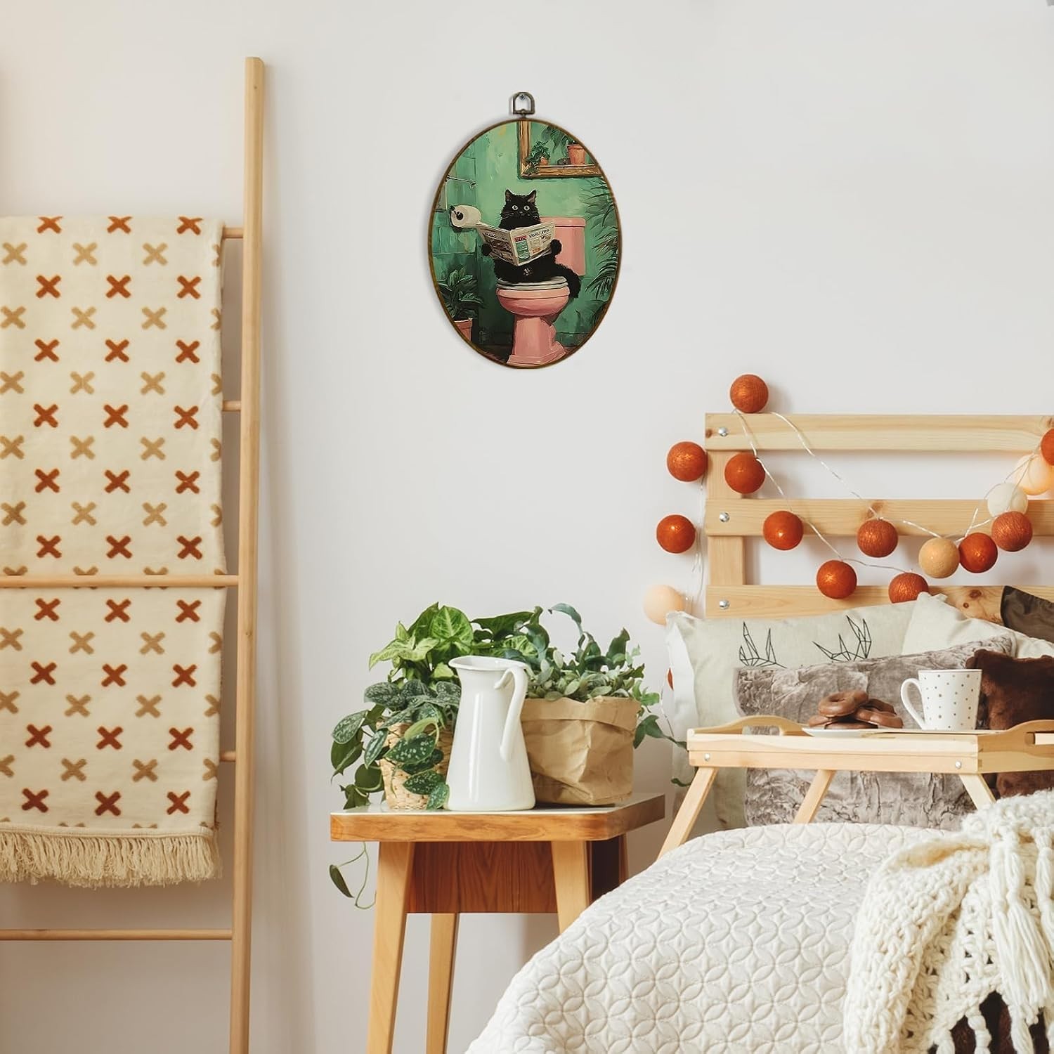 Eclectic Oval Black Cat Canvas Wall Decor – Retro Style 8.7×11.3 for Cozy Spaces