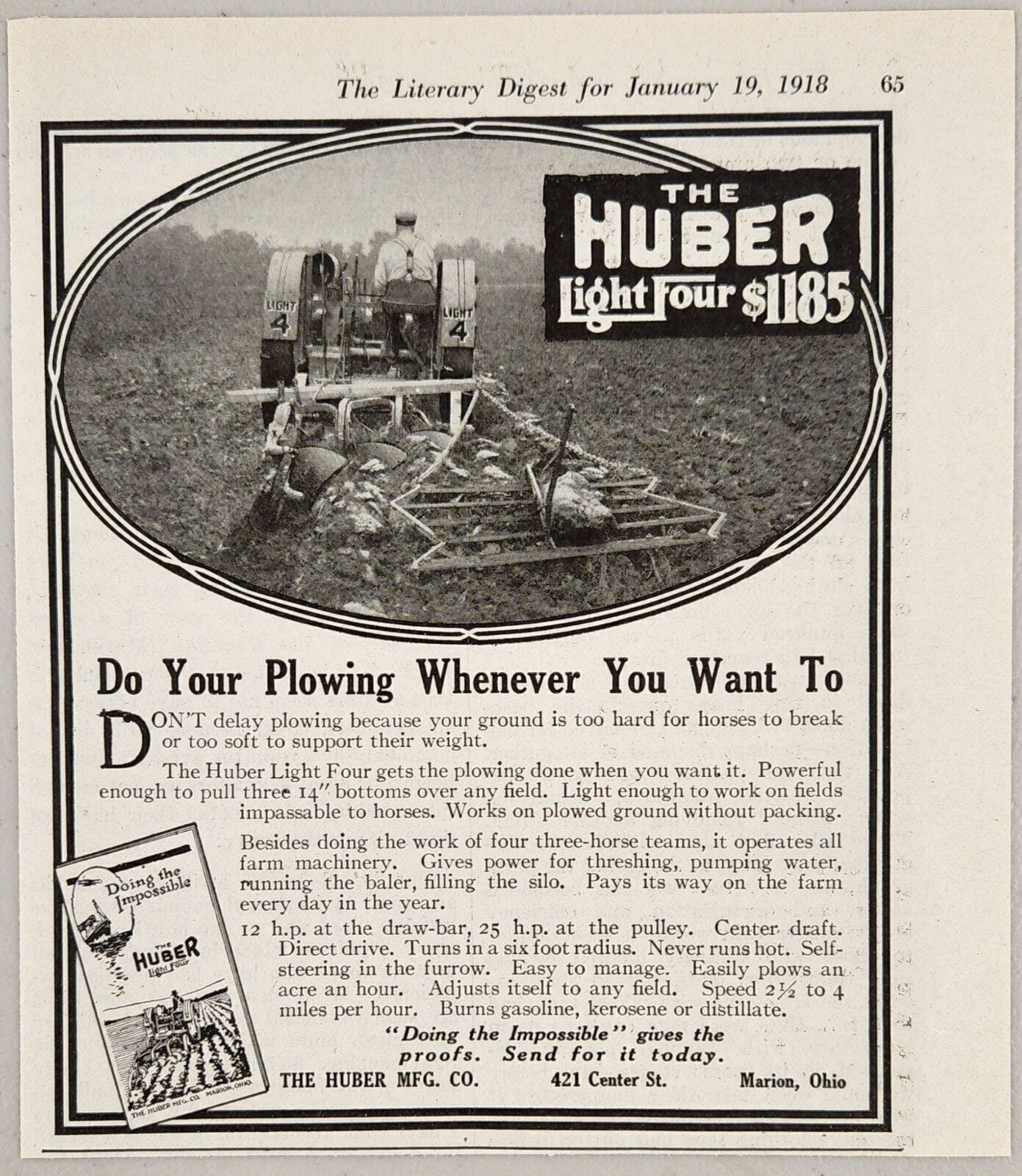 1918 Print Ad The Huber Light Four Tractor Plowing Field Marion,Ohio