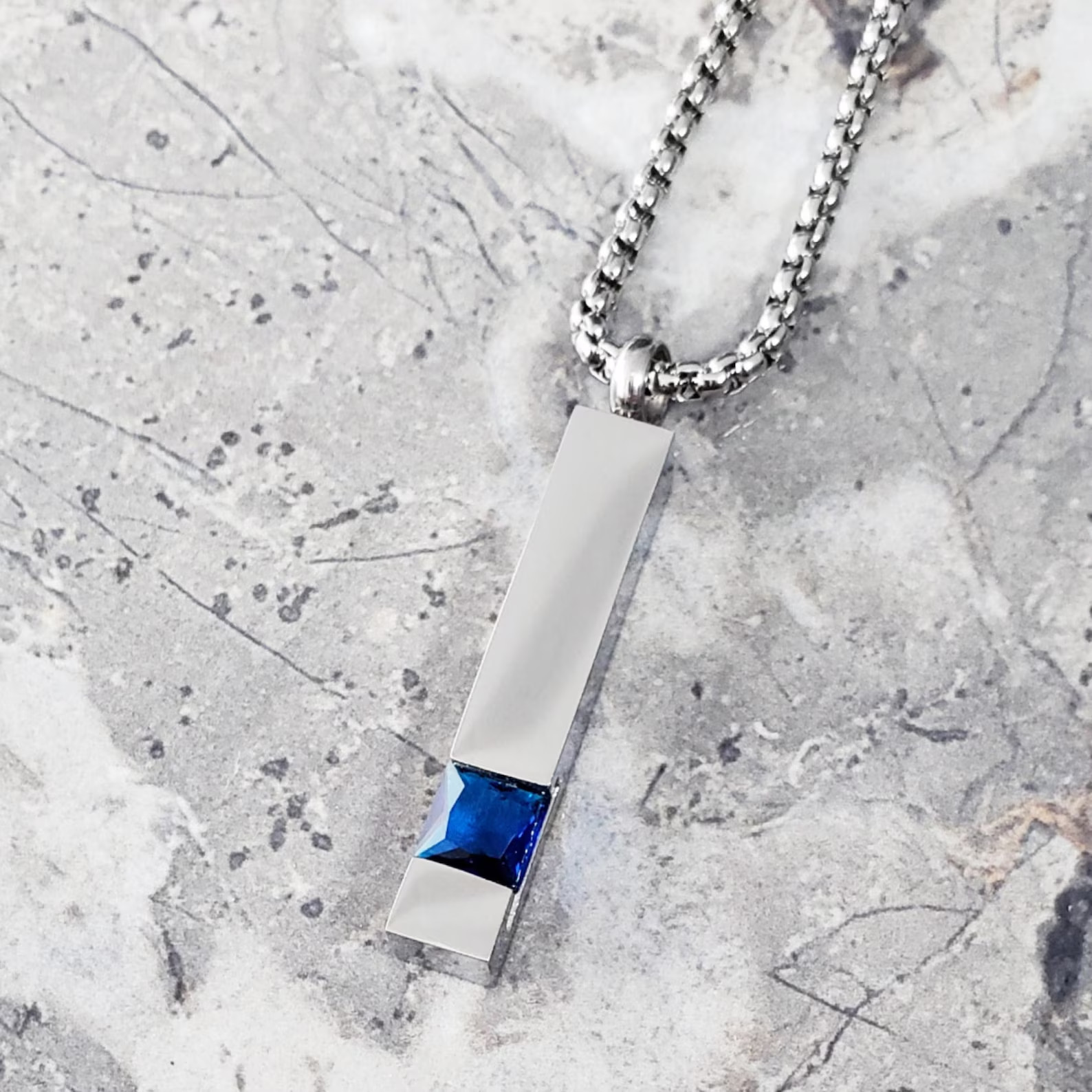 Men’s 14K White Gold Over Blue Sapphire Bar Tag Pendant with 24″ Chain Necklace