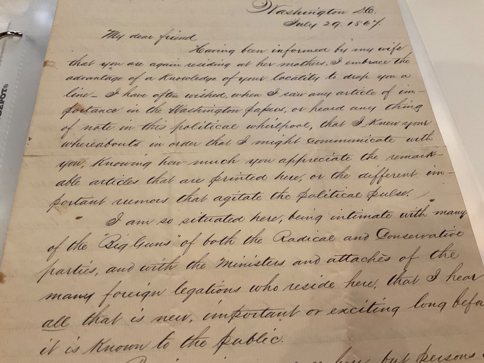 ANDREW JOHNSON DEPRAVITY & CORRUPTION LETTER WASHINGTON MOST CORRUPT TOWN