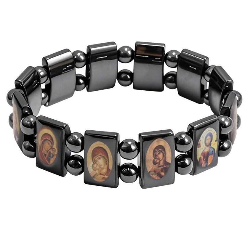 Orthodox Christian Icon Prayer Bracelet -Black Hematite, Stretchy -NEW