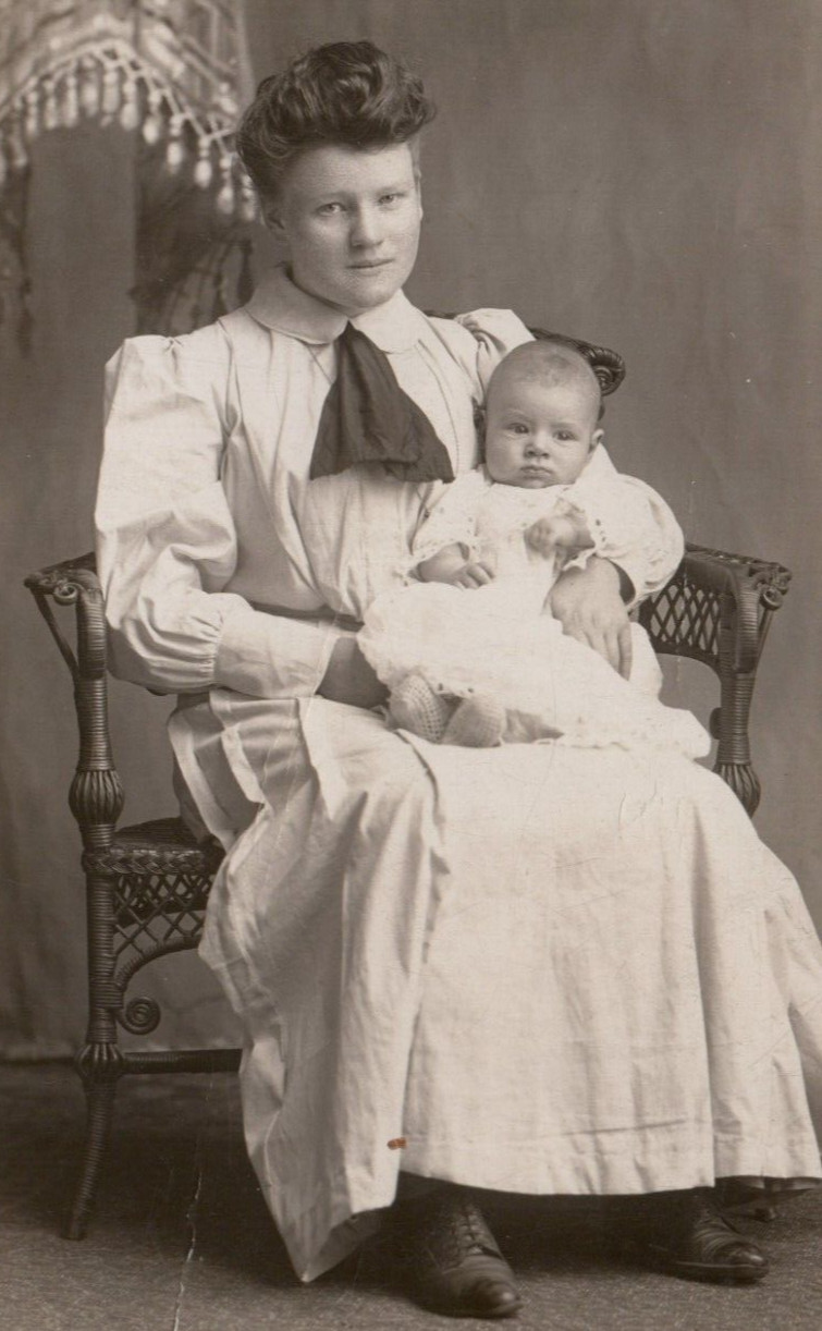 Mom & 6-month Baby Portrait Studio Photo RPPC Postcard Sitting Chair