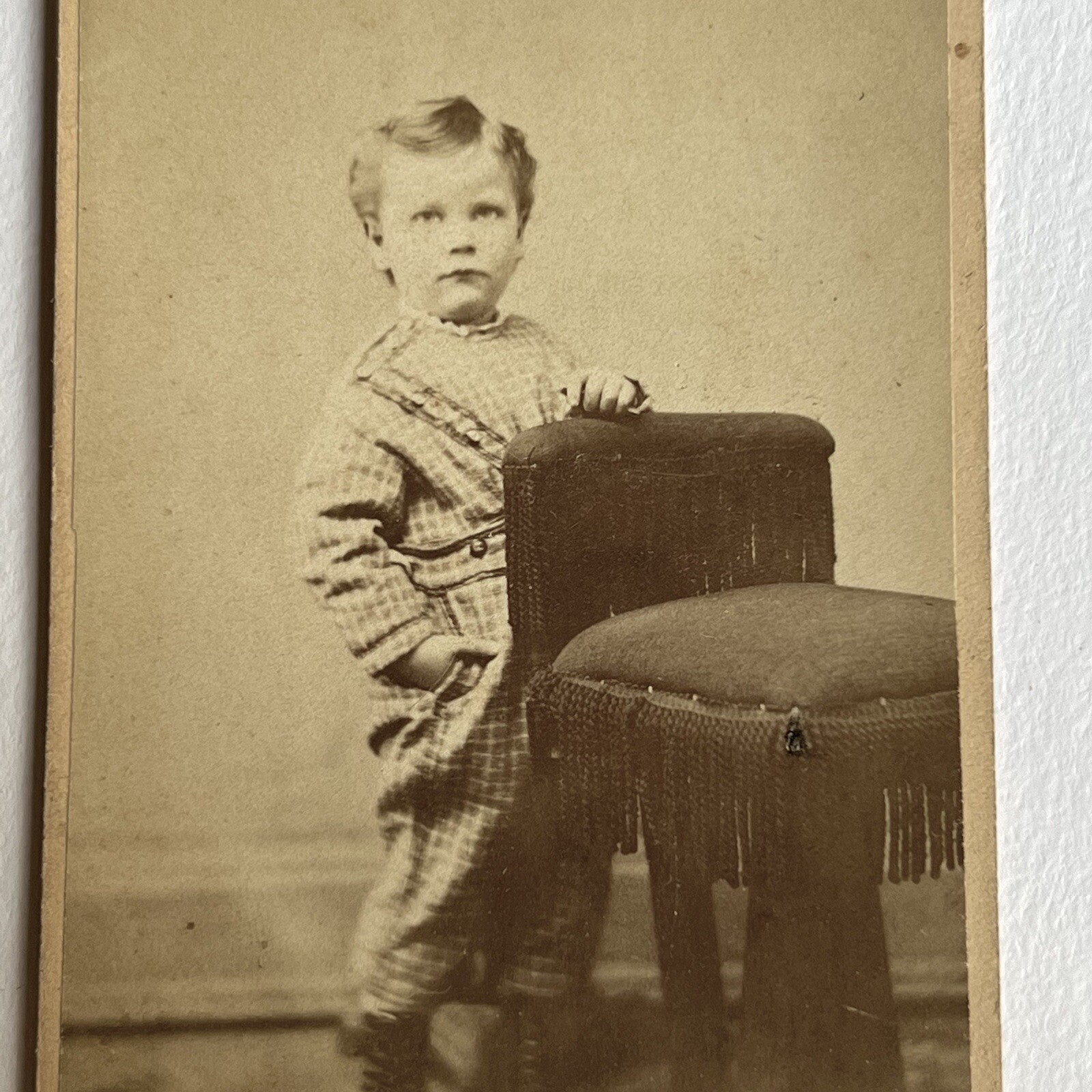 Antique CDV Photograph Adorable Little Boy Cute Outfit Hand In Pocket McHenry IL