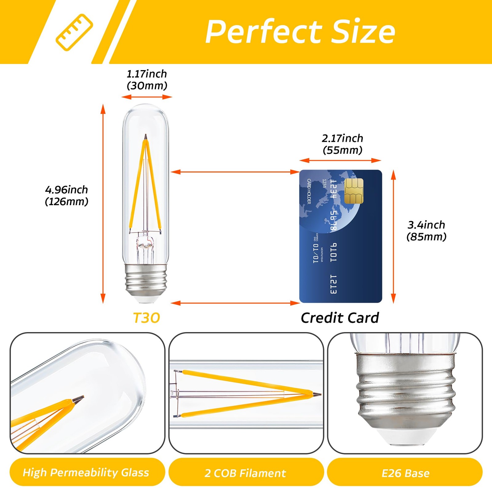 2 Count Dimmable E26 T30 T10 LED Bulbs Warm White 2700K