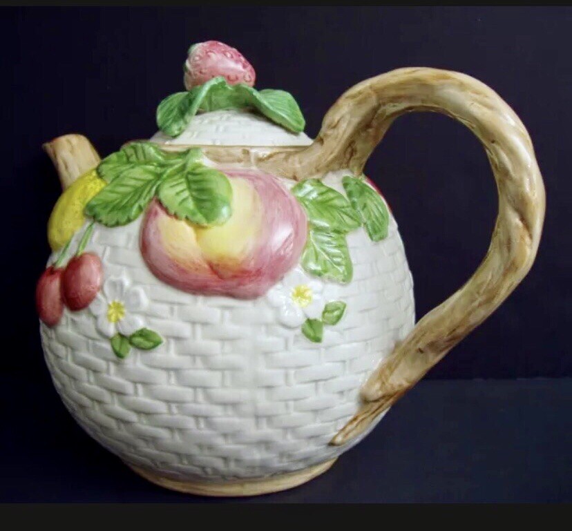 FITZ & FLOYD Teapot Coffee Basket Weave Lemon Strawberry Peach Cherry 1990 42oz