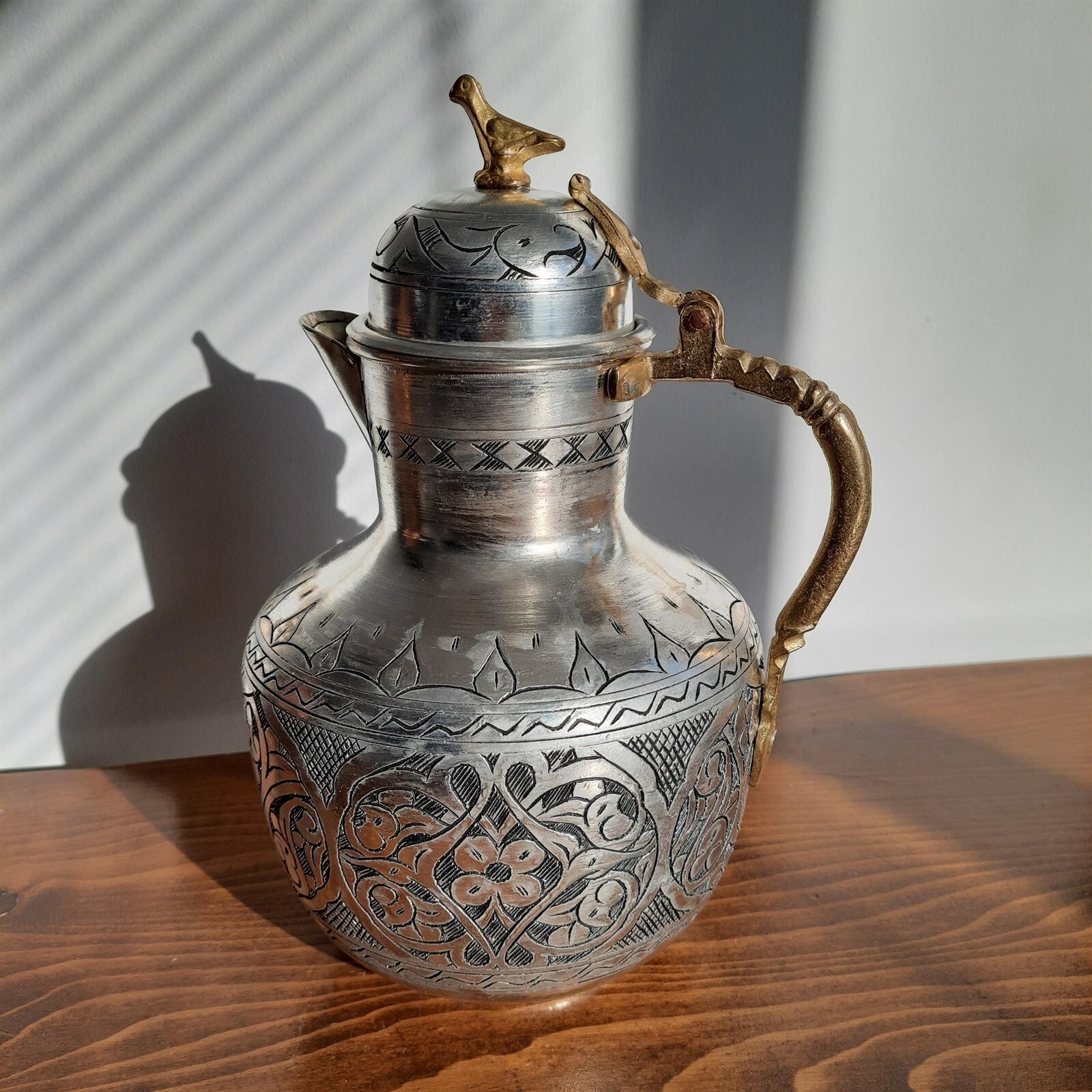 Authentic Handcarved Copper Turkish Pitcher Ewer Carafe with Lid 29cm 11.4inch