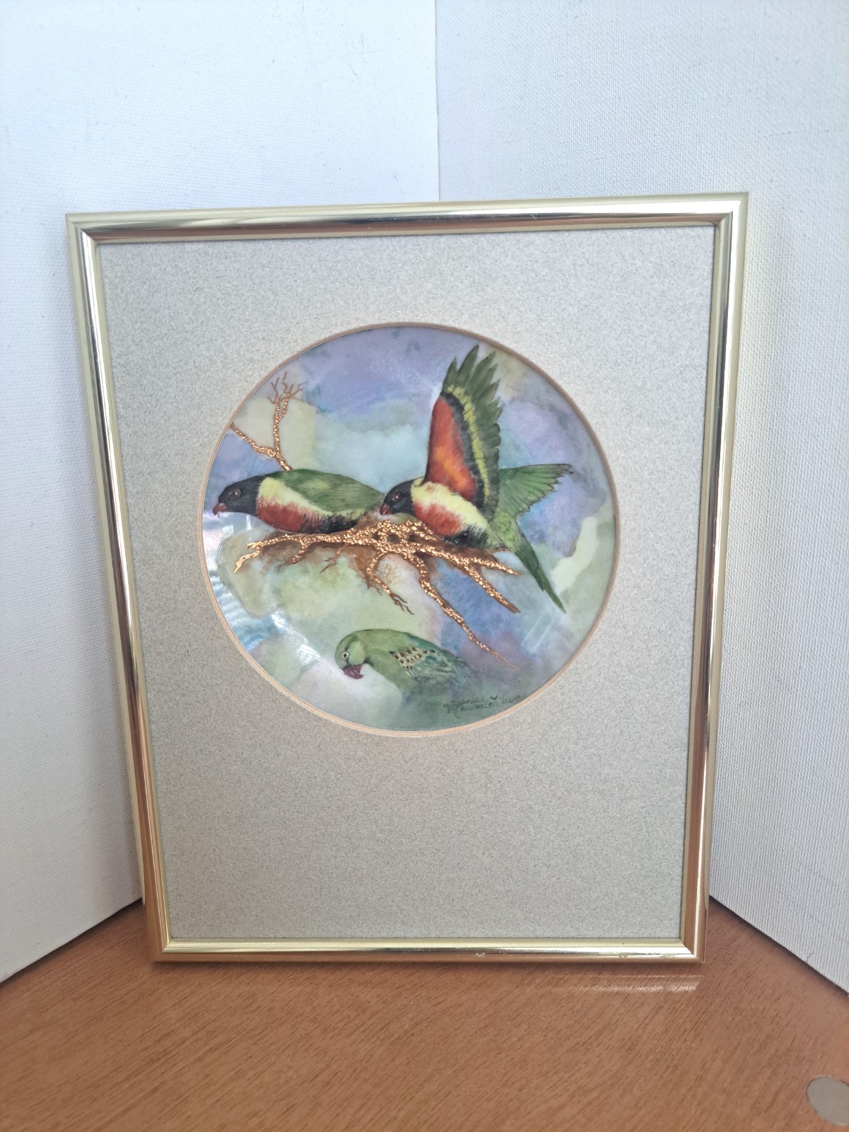 Hand Painted Bird Plate Framed Artist Signed Wall Decor