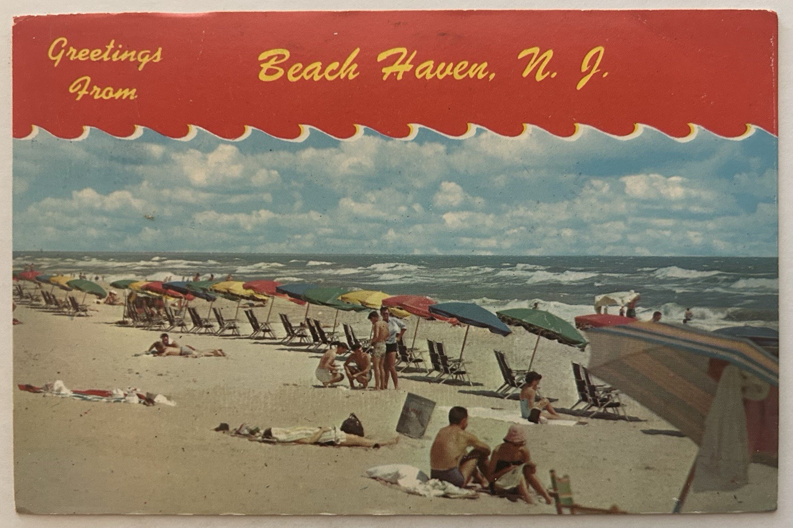 Greetings From Beach Haven New Jersey NJ Postcard – Beach Scene Sunbathers Swim