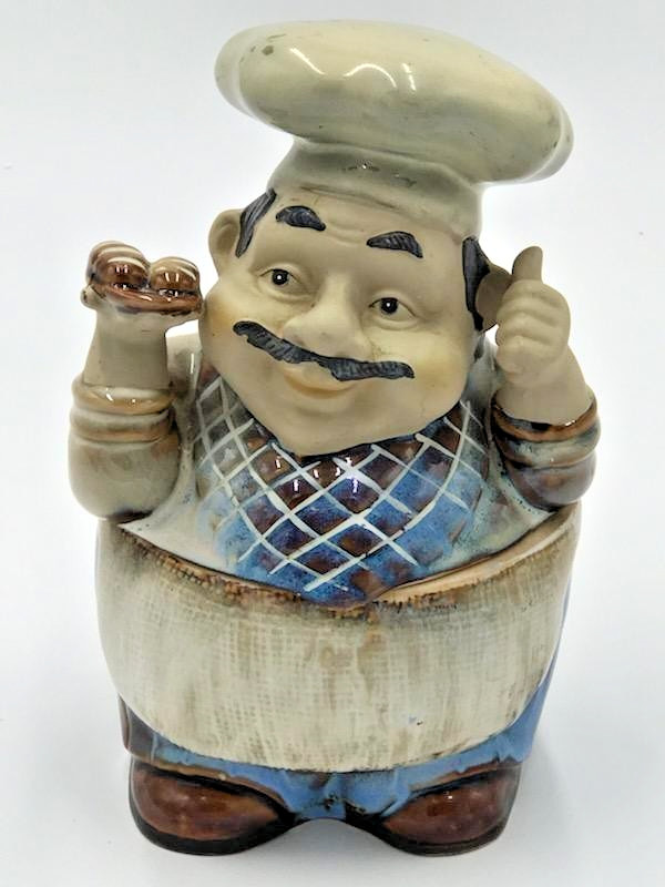 Vintage Cookie Jar Italian Pastry Chef Blue Brown Beige 9 1/4 Inch