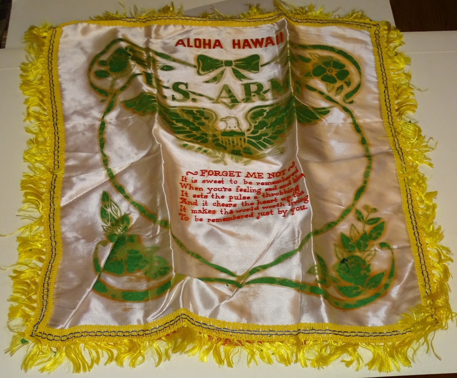ALOHA HAWAII U.S. ARMY Sweetheart pillow cover, WWII-era souvenir pillow sham