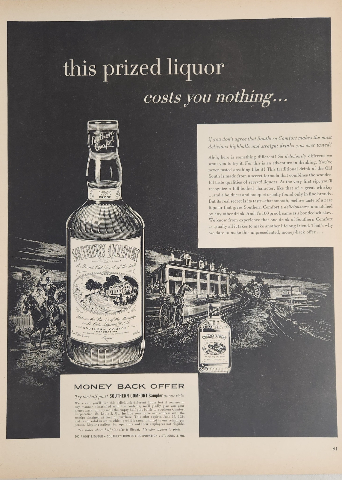 1954 Print Ad Southern Comfort The Prized Liquor Southern Plantation & Steamboat