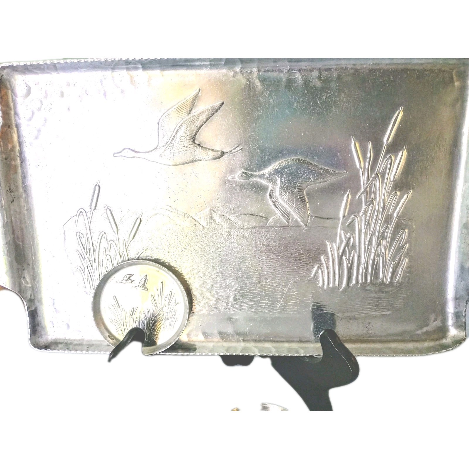 Vintage Serving Tray Ducks In Flight 5 Coasters 16 by 9 in Polished Aluminum