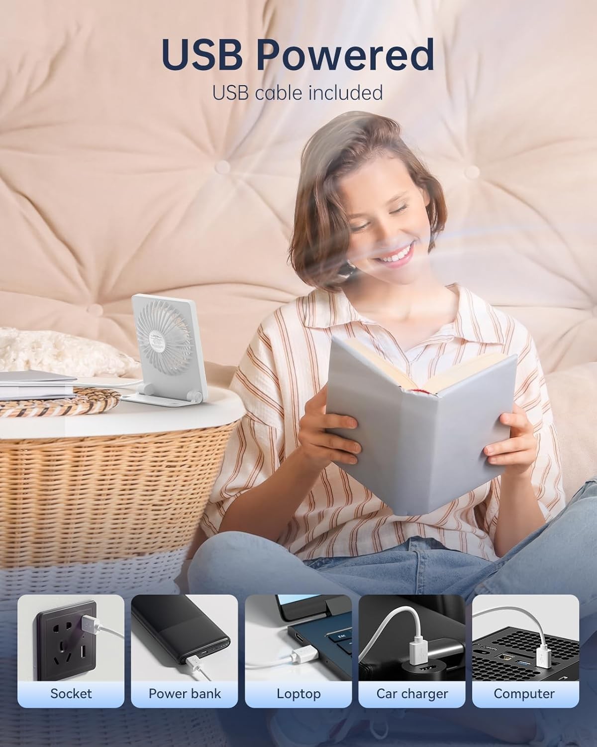 TriPole Mini Desk Fan USB Powered Portable Fan Small Personal Fan 3 Speeds Stron