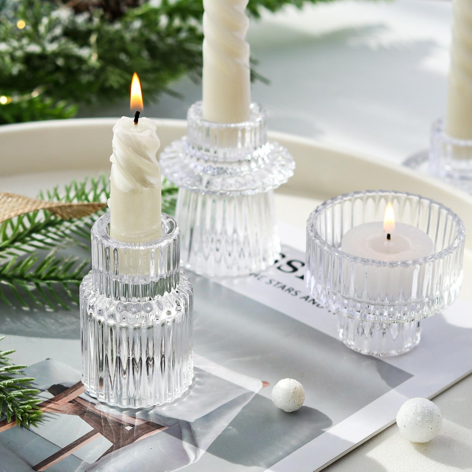 Clear Candlestick Holders 12PCS Ribbed Glass Taper Candle Holders for Tealigh…