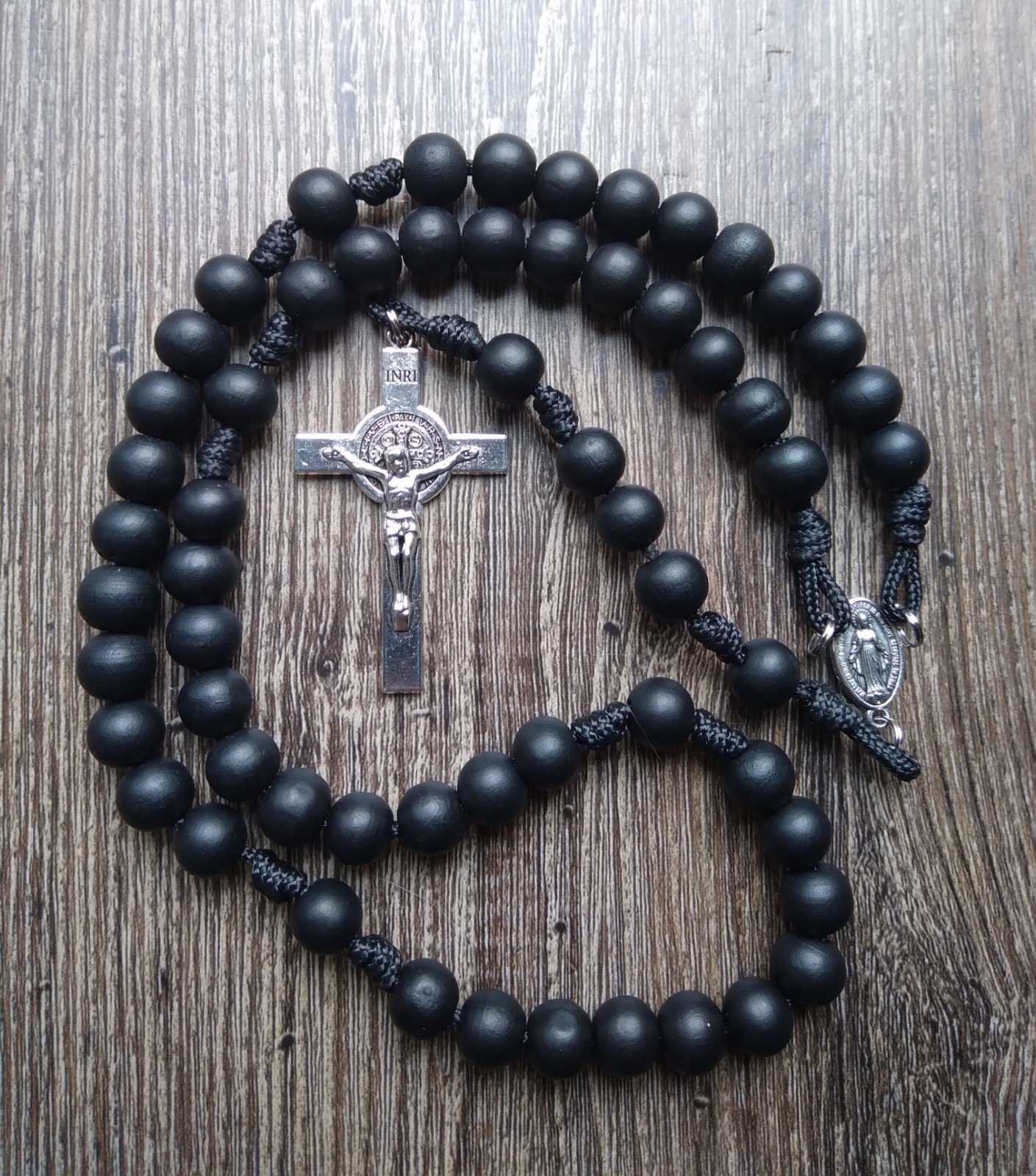 Catholic Paracord Rosary w/ ST BENEDICT Crucifix W/ Mary Medal (Black)