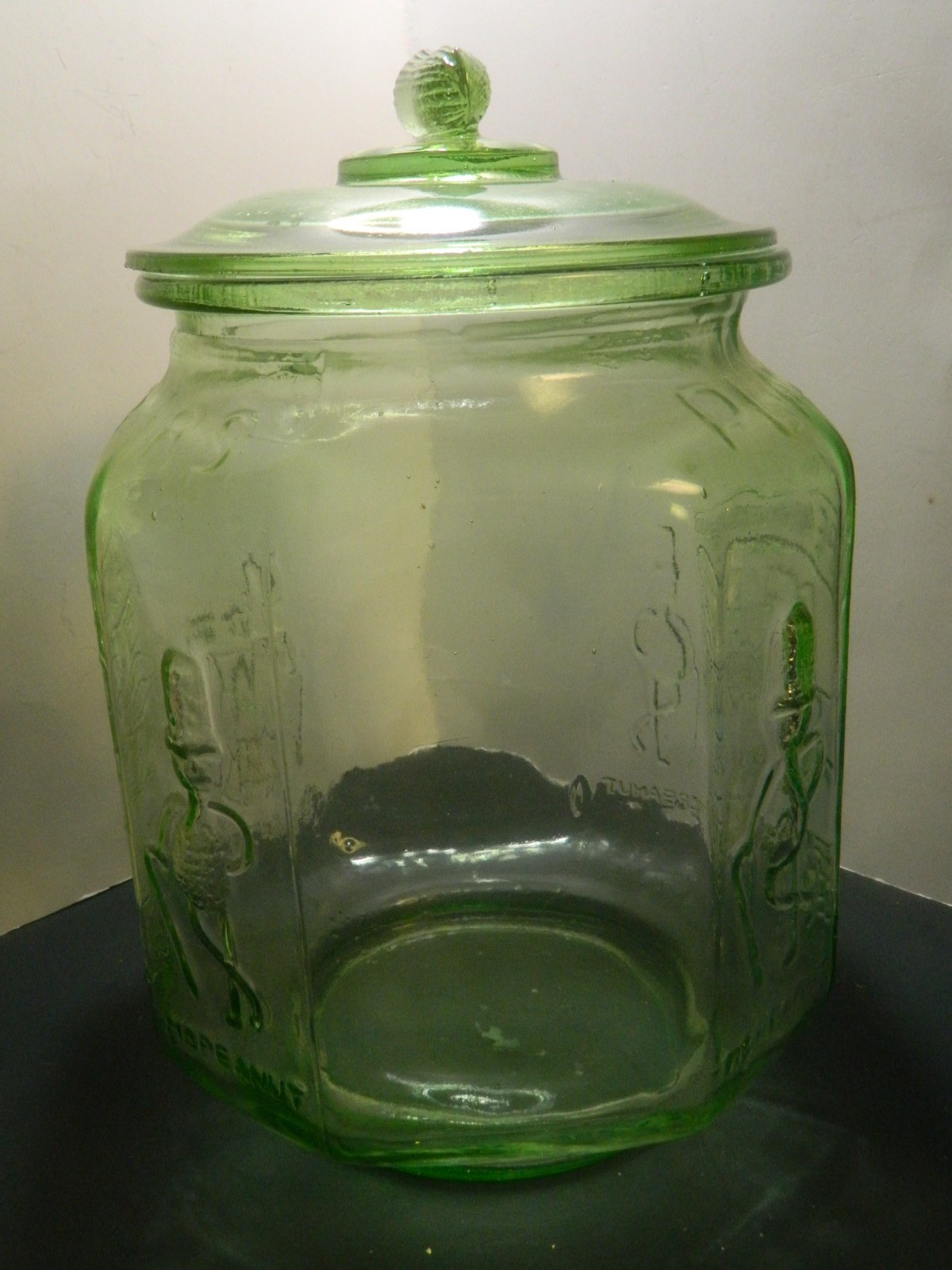 Antique Planter’s Peanuts 5¢ Embossed Octagonal Store Green Glass Jar 12.25″ VG