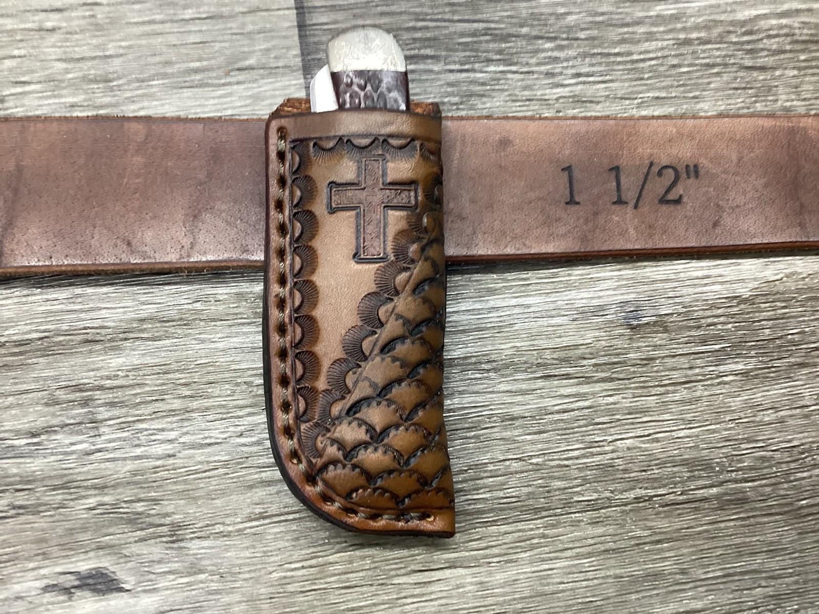 Leather Folding Knife Belt Loop Sheath Trapper 4 1/8″ Size (Sheath Only)