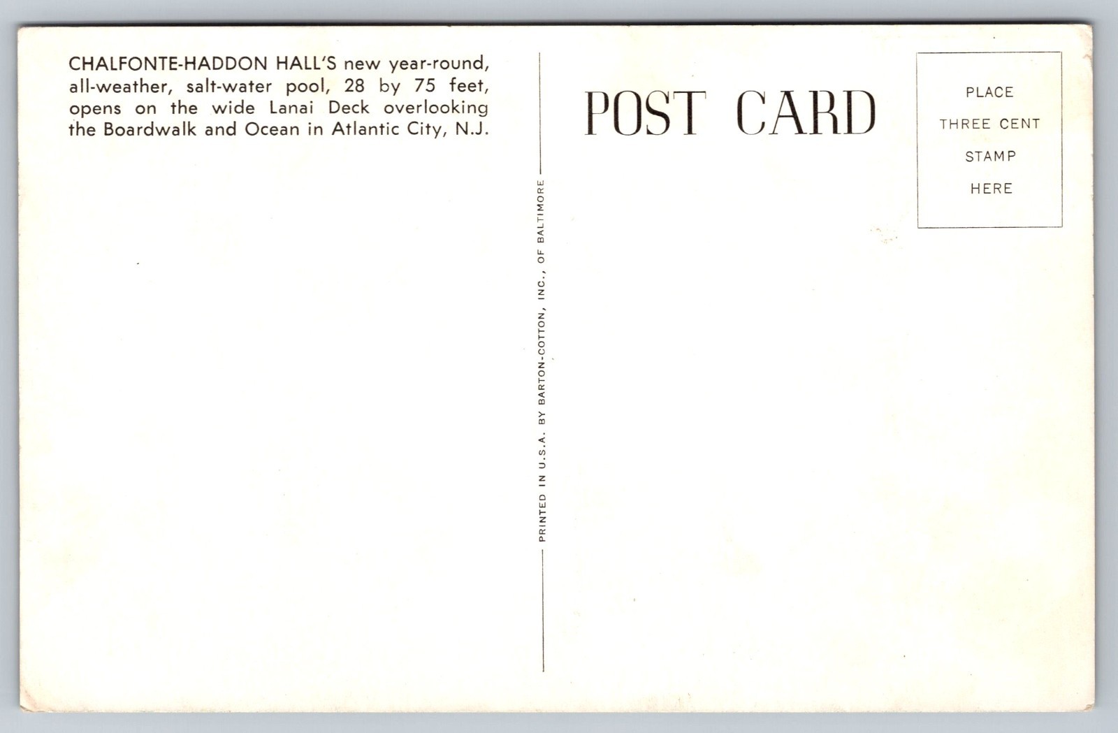 Vintage Postcard Atlantic City NJ Chalfonte Haddon Hall Indoor Salt Water Pool