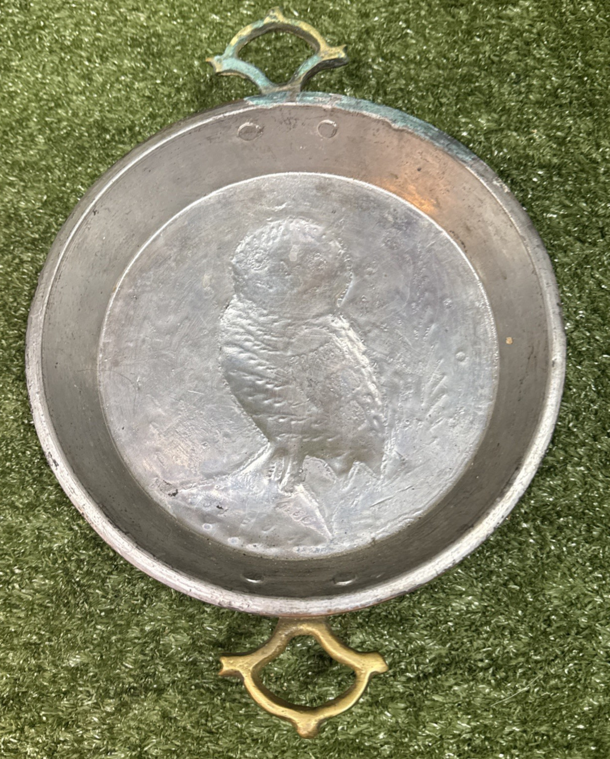 Vintage Copper Pan Tin Lined Mold Folk Owl Brass Handles Great Patina