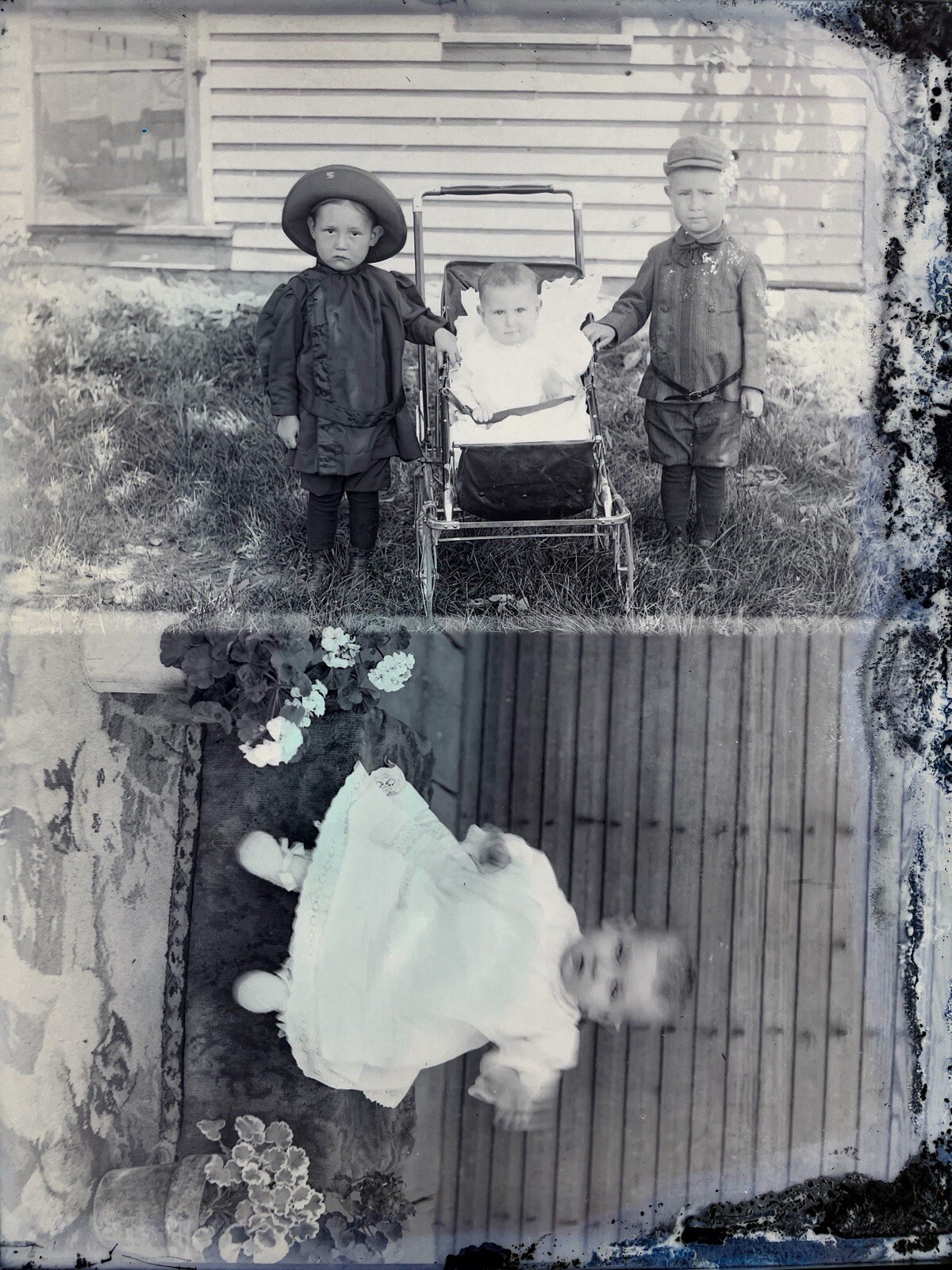 6.5×8.5 Glass Negative Children Posing with Baby In Stroller Carriage Buggy