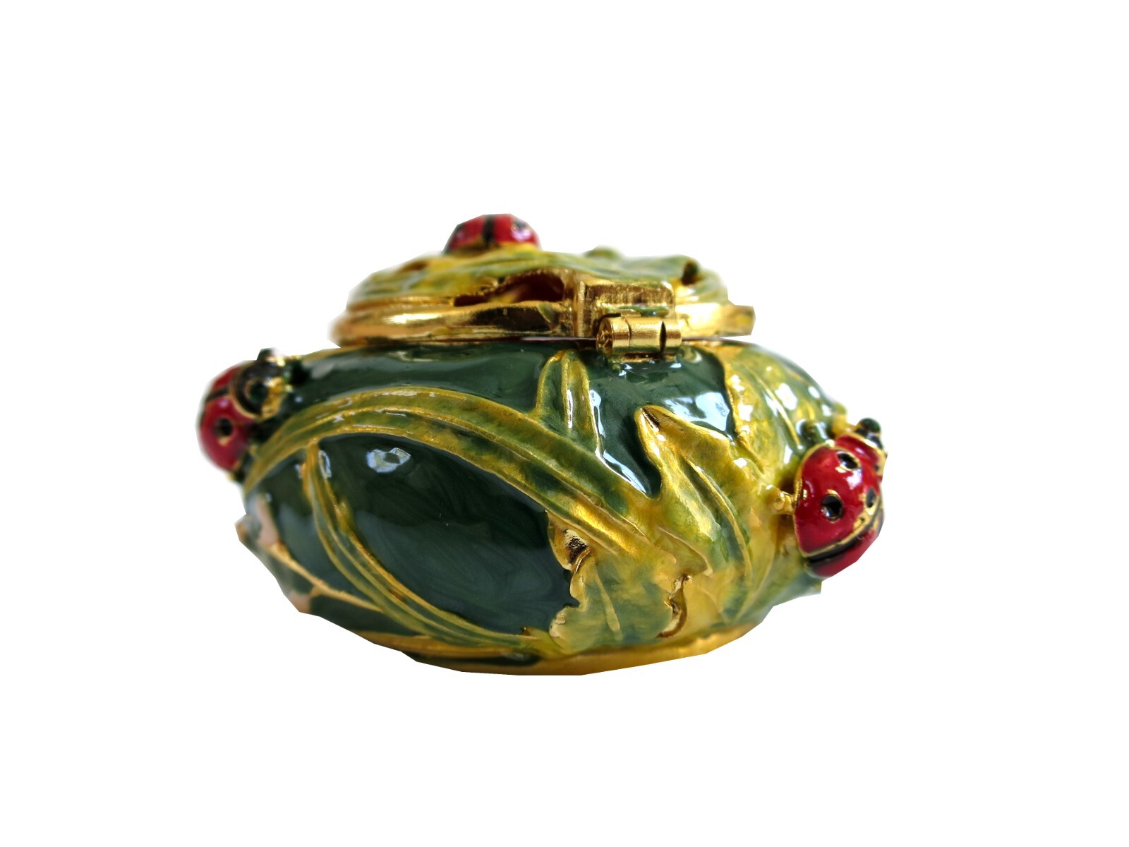 Bejeweled ladybug on leaf Hinged Metal Enameled Crystal Trinket box