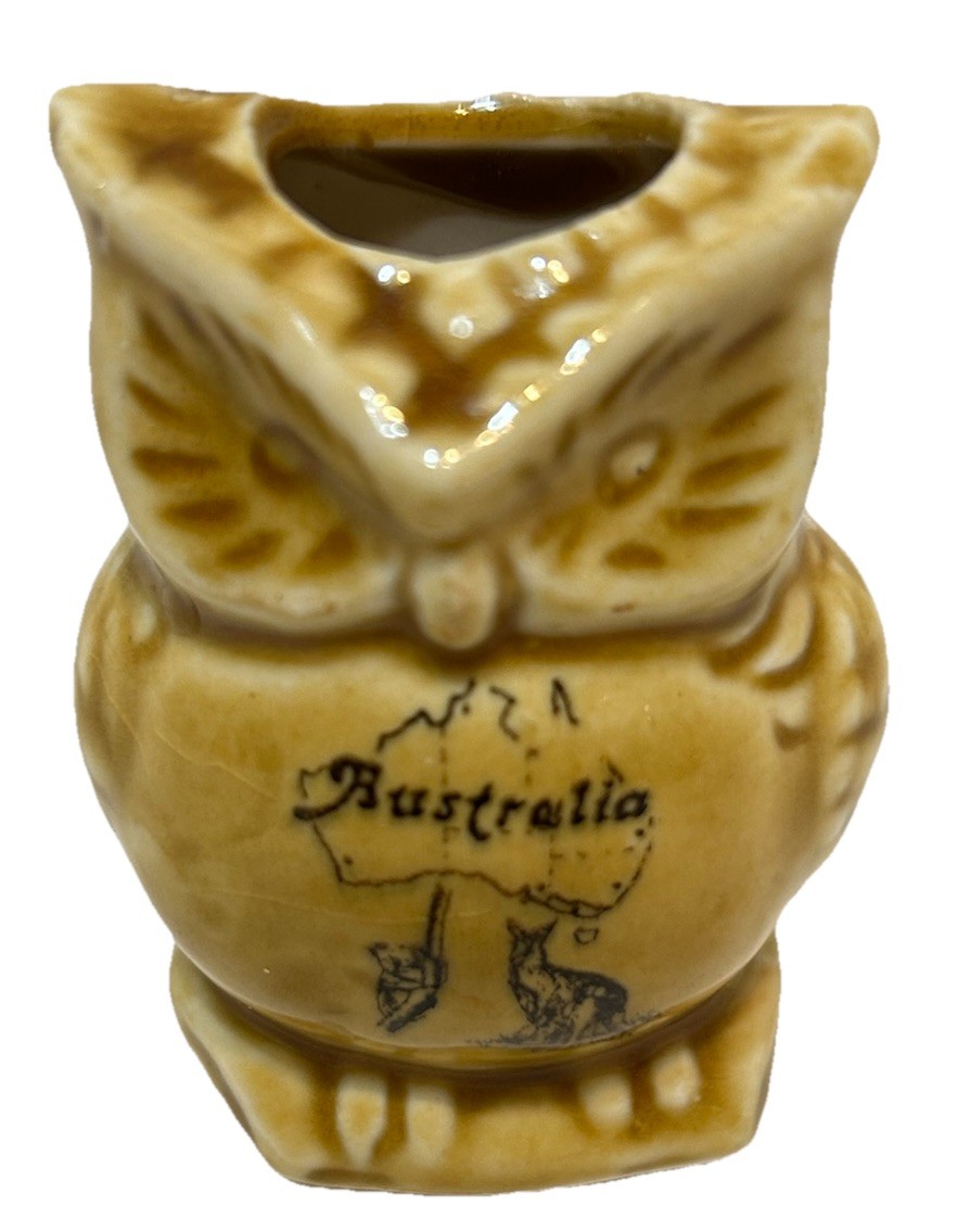 Vintage Glazed Ceramic Australia Souvenir Owl Toothpick Holder 2″ Tall