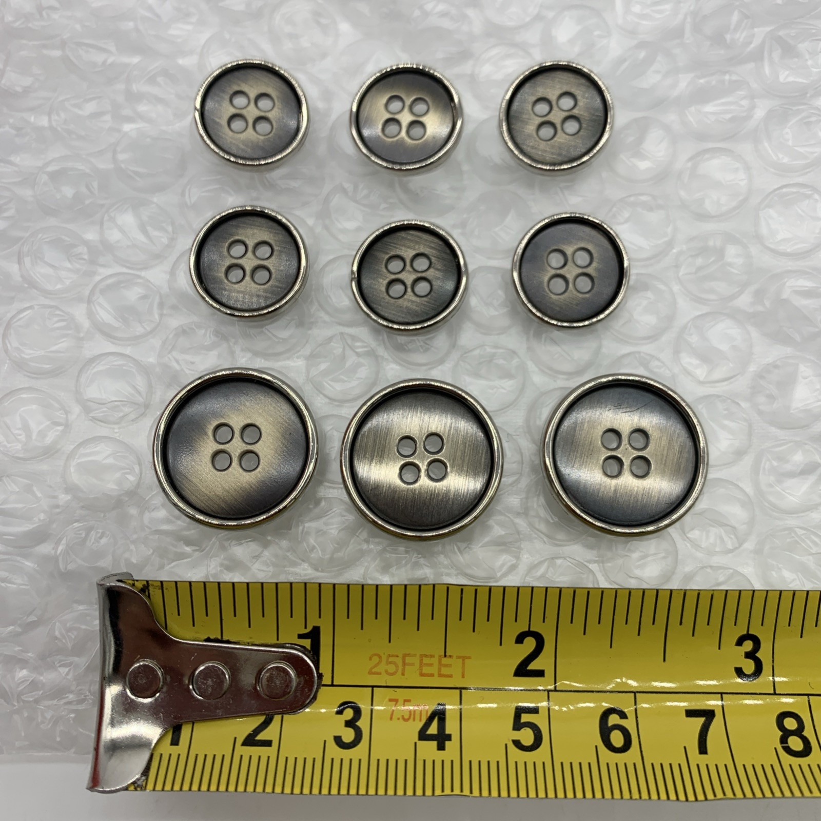 Silver Tone Metal Blazer Button Lot 9 Brushed Satin Center Glossy Rim 4 Hole VTG