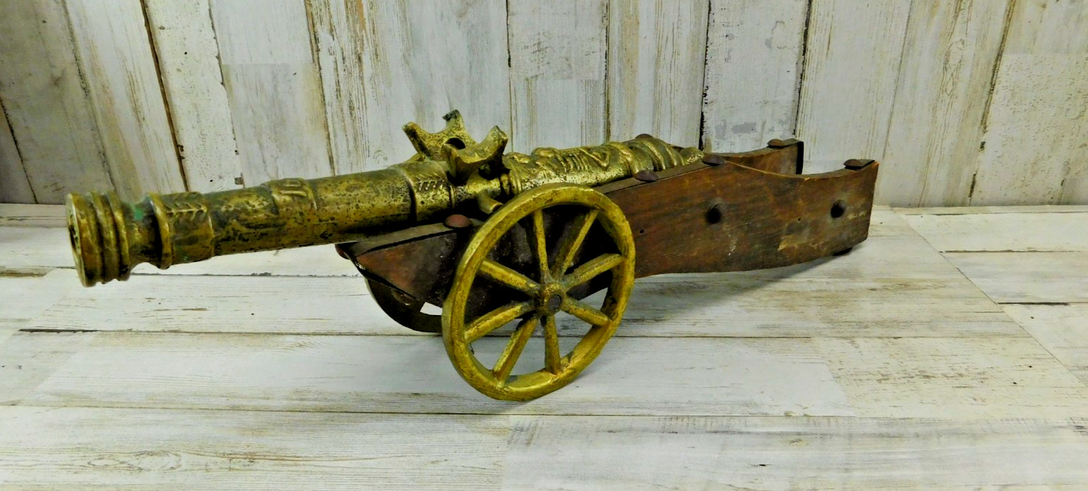 Vtg Decor Non Firing Bronze Brass Wood Wheels Base Cannon 13” Long Made- Holland