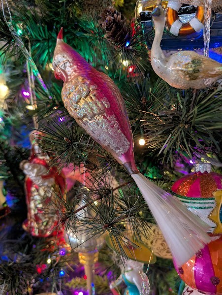Large 8 inch 1940s German Mercury Glass Tropical Bird Ornament Spun Glass Tail
