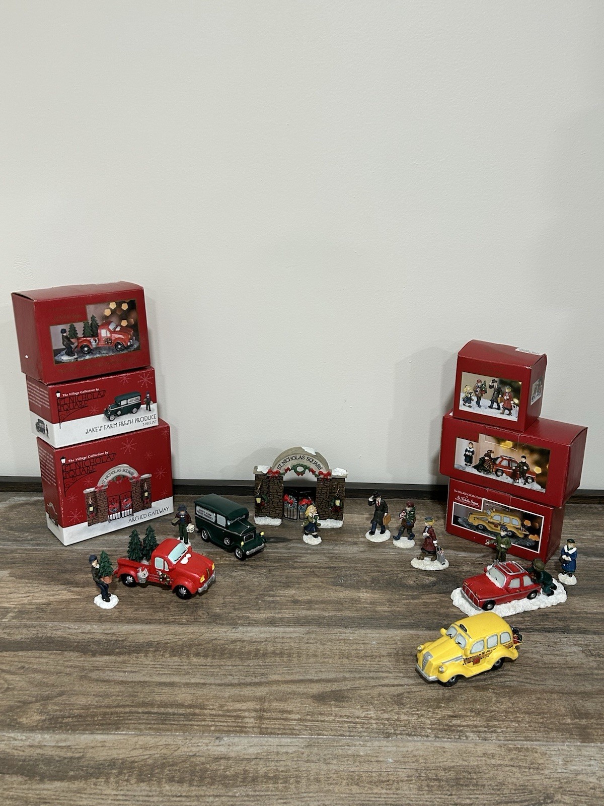St Nicholas Square Village Collection Lot 6 Boxes Sets, 13 Pieces -People Cars