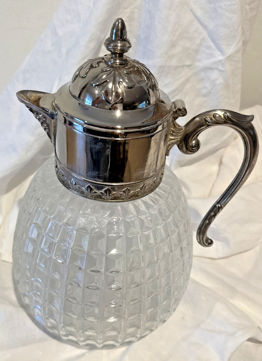 Vintage Beverage Pitcher Pressed Glass Embossed Silver Plate Ice Cube Tube Italy