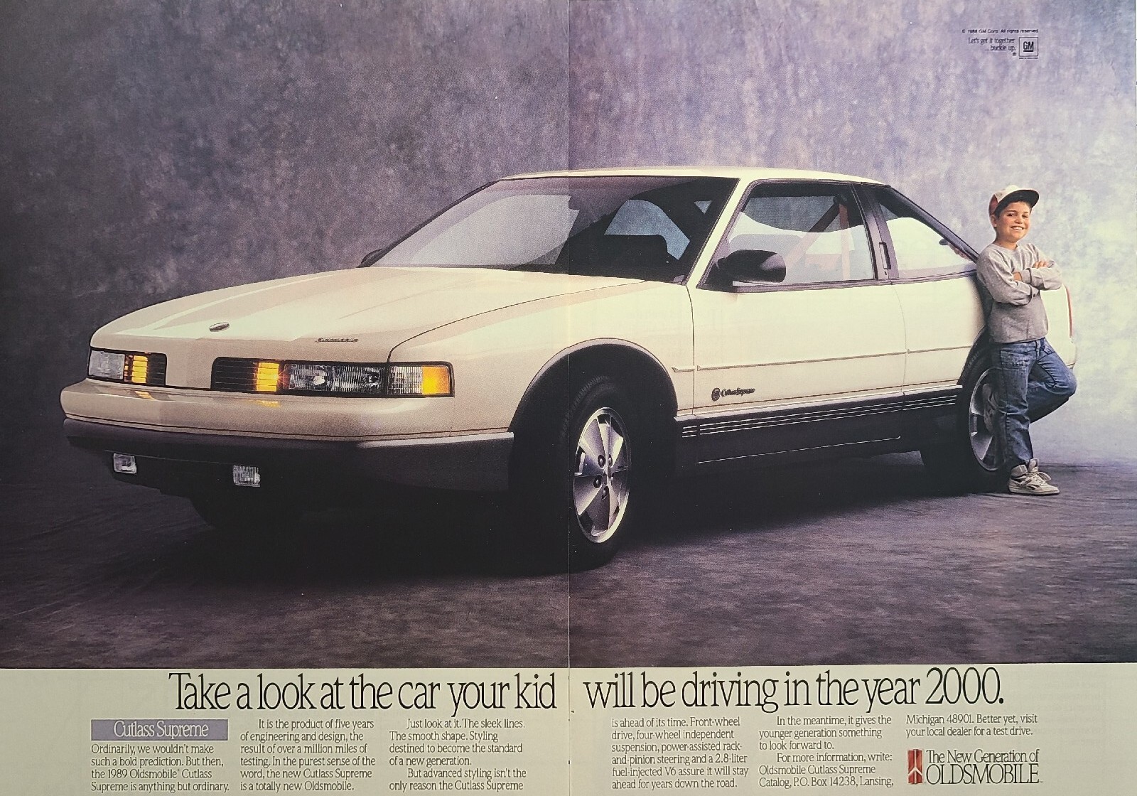 ’89 Oldsmobile Cutlass Supreme 2-Door White Car V6 and Kid Vintage Print Ad 1988