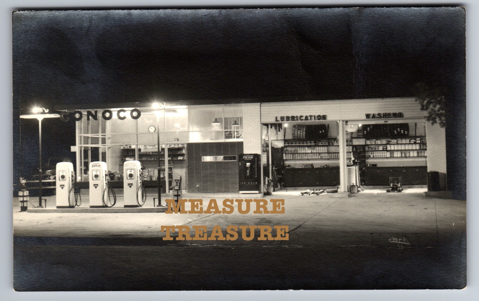 1953 RPPC OUTSTANDING CONOCO GAS SERVICE STATION, NIGHT CLARK PHOTO Postcard P98